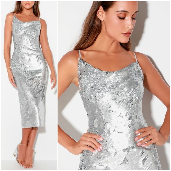 Lulu's No Signs Silver Sequin Midi Dress NWT - Picture 2 of 9